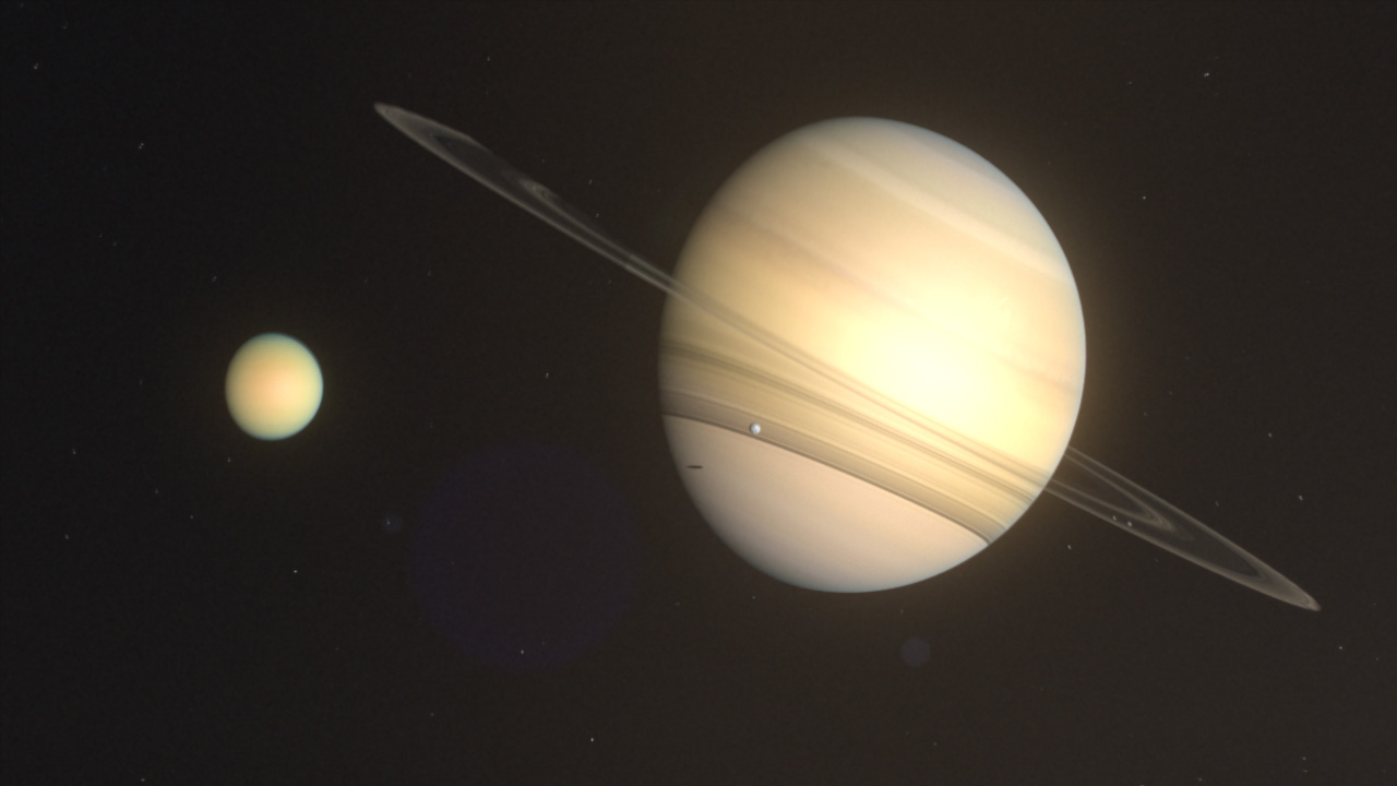 A rendered image Saturn with its moon Titan in the foreground