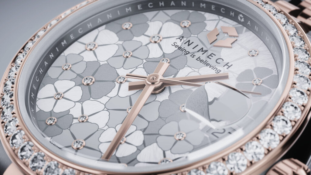 Closeup of the diamond watch face